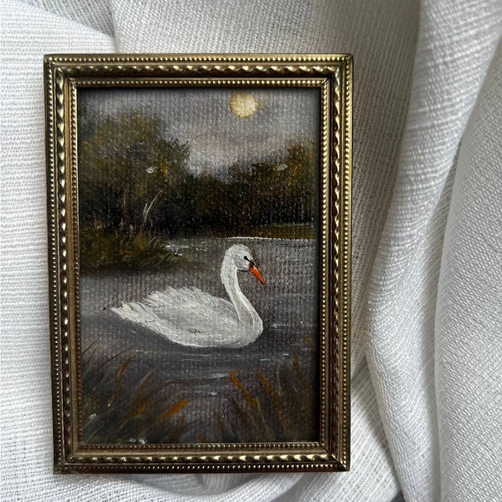 “Still, She Floats” Hand-Painted White Swan Lake Wall Art in brass Gold Frame